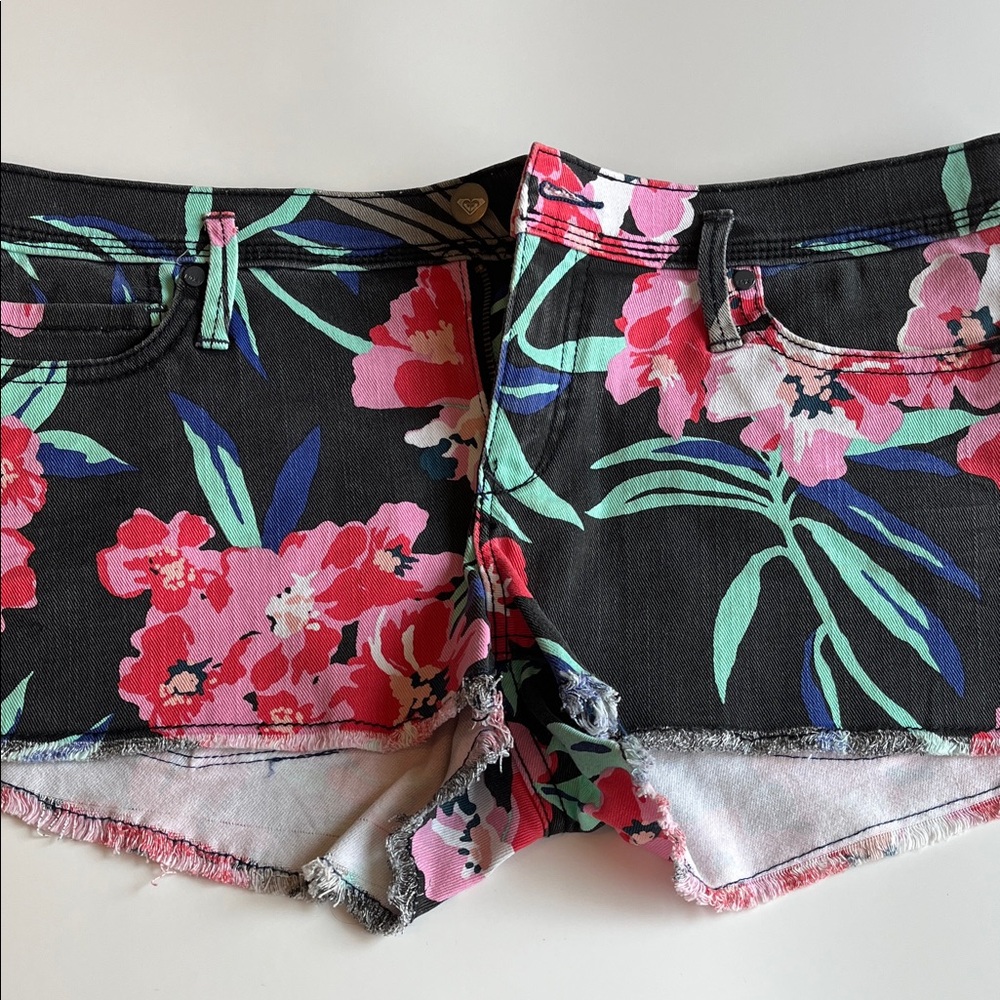 Roxy Black Floral Cutoff Denim Shorts with Pink & Green Print